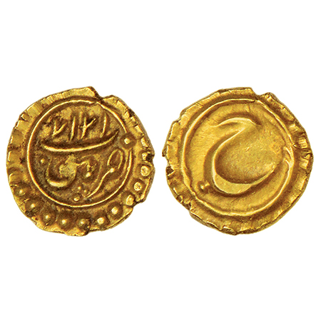 Mysore, Tipu Sultan (1782-1799 AD), gold fanam, Pattan mint, AM 1217, Persian 'He' on reve