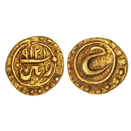 Mysore, Tipu Sultan (1782-1799 AD), gold fanam, Pattan mint, AM 1219, Persian 'He' on reve