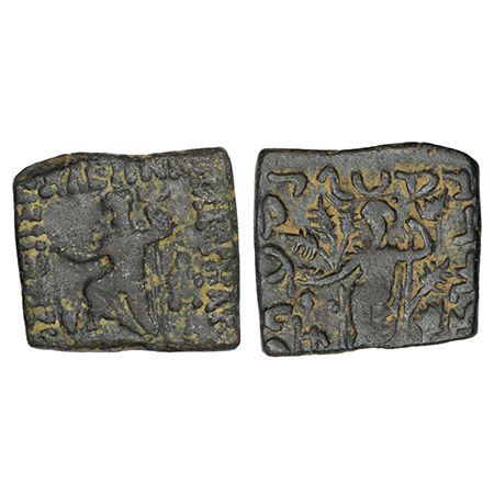 Indo-Scythians, Azes (45-20 BC), square copper unit, similar to ISCH 77.2, 8.32g. Obv: Pos