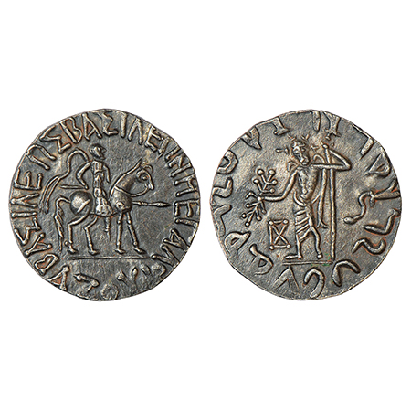 Indo-Scythians - silver tetradrachm of Azes (c.45-20 BC), ISCH 80.21T, 9.46g. Obv: King on