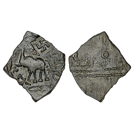 Satavahanas - Siri Satakani (100-50 BC), alloyed copper 'elephant' type coin from Nasik re