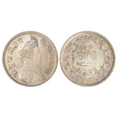 Baroda, Sayaji Rao III (1875-1938 AD), silver rupee, VS 1949, KM Y36, 11.28g. Obv: Portrai