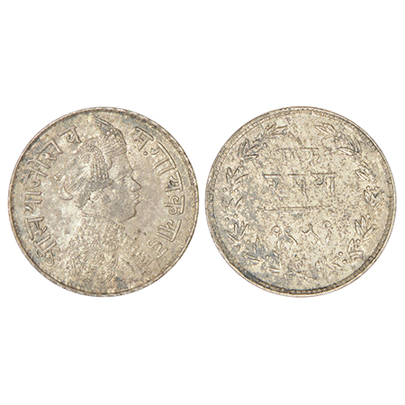 Baroda, Sayaji Rao III (1875-1938 AD), silver rupee, VS 1951, KM Y36a, 11.39g. Obv: Portra