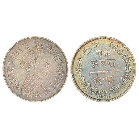 Baroda, Sayaji Rao III (1875-1938 AD), silver rupee, VS 1951, KM Y36a, 11.33g. Obv: Portra