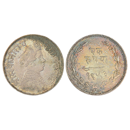 Baroda, Sayaji Rao III (1875-1938 AD), silver rupee, VS 1953, KM Y36a, 11.32g. Obv: Portra