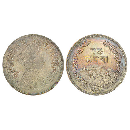 Baroda, Sayaji Rao III (1875-1938 AD), silver rupee, VS 1955, KM Y36a, 11.37g. Obv: Portra