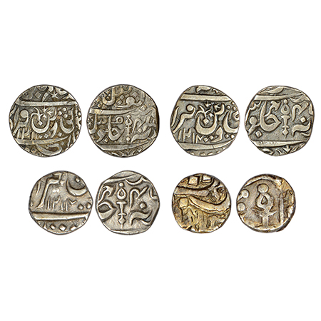 Datia, Gaja Shahi series, set of 4 silver coins, 1x rupee, AH 1211/RY 43, KM C38, 10.78g; 