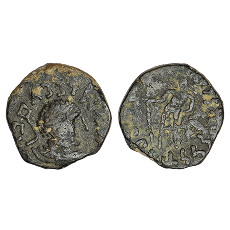 Kushans, copper coin of Kujula Kadphises (c.30-80 AD), 'posthumous Hermaios' type, MAC 285