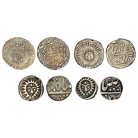 Indore, set of 4 silver coins, sun face type, in the name of Shah Alam II, 2x Shivaji Rao,