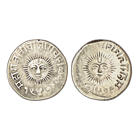 Indore, Shivaji Rao (1886-1903 AD), error silver rupee, sun face type, VS 1947, obverse pa
