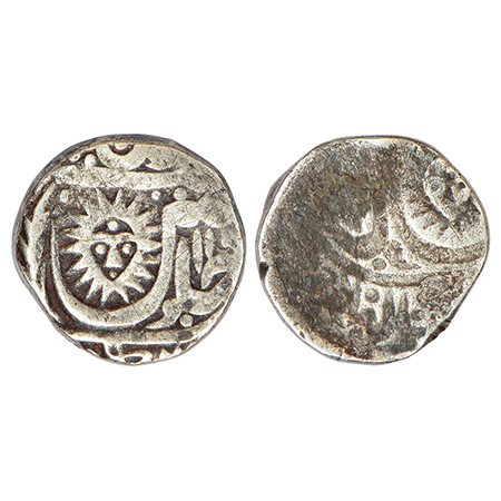 Indore, error silver rupee, Malharnagar mint, sun face type, obverse part brockage (Lakhi)