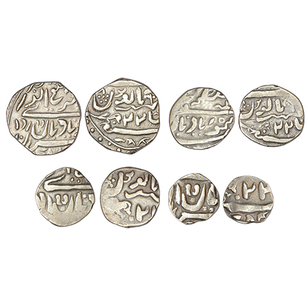 Jaisalmer, Ranjit Singh (1846-1864 AD), set of 4 silver coins, rupee, KM 34, 10.40g; ½ rup