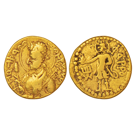 Kushan Empire, gold dinar of Huvishka (c.151-190 AD), 'ΦαPPO'(Fire God Pharro) type, main 