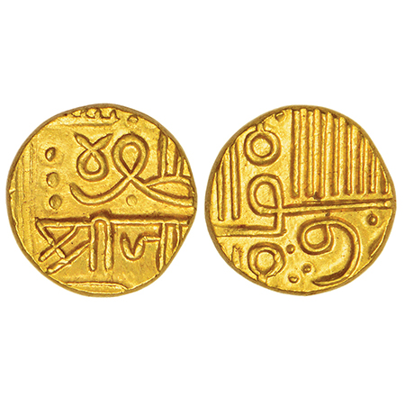 Nawanagar, Vibhaji (1852-1894 AD), gold ½ kori, AH 978 (frozen), schematized name and titl