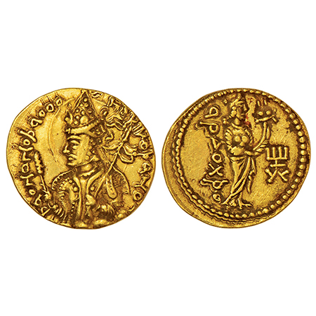 Kushan Empire, gold dinar of Huvishka (c.151-190 AD), 'AΡΔΟΧÞΟ' (Ardoxsho) type, main mint