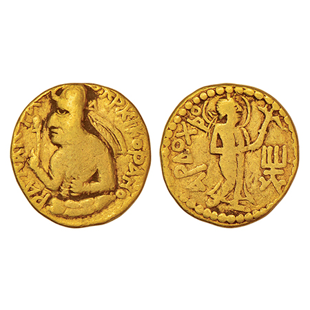 Kushan Empire - gold dinar of Huvishka (c.152-192AD), Mint I (A). 1st emission, Göbl 154,7