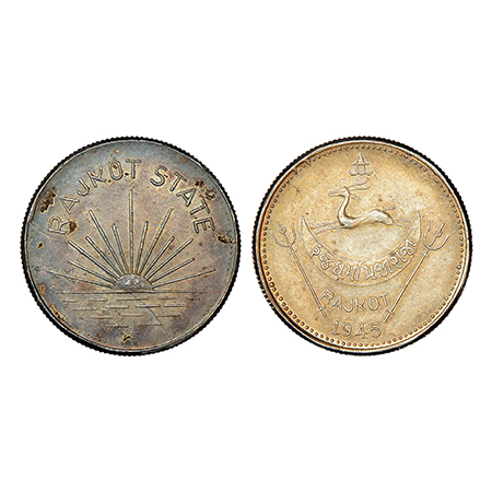 Rajkot, Dharmendra Singhji (1930-1948 AD), silver mohur, VS 1945, KM X1a, 5.73g. Obv: Lege
