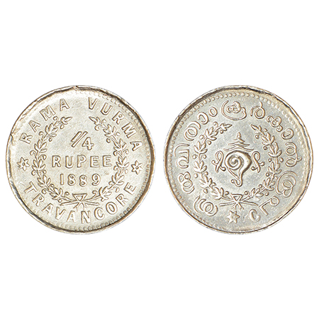 Travancore, Rama Varma VI (1885-1924 AD), silver ¼ rupee, AD 1889, KM 37, 2.66g. Obv: Valu