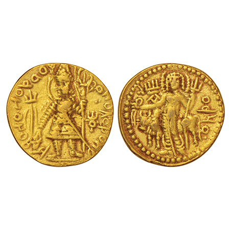 Kushan Empire, gold dinar of Vasudeva I (c.190-230 AD), 'OEShO' (Shiva) type, Gobl 640, 6.