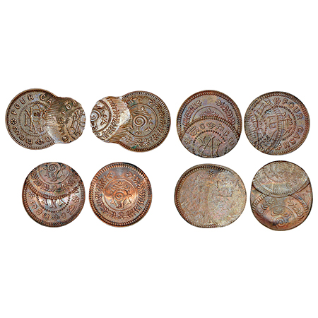 Travancore, error copper 4 cash (4), Rama Varma VI and Bala Rama Varma II, 3x double struc
