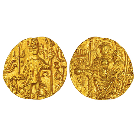 Kushan Empire, gold dinar of Vasudeva II (c.267-300 AD), Gobl 576, 7.86g. Obv: Crowned, di