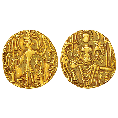 Kushan Empire, gold dinar of Shaka (325-350 AD), Gobl 593, 7.71g. Obv: Diademed king stand