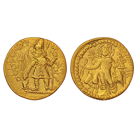 Kidarites - gold dinar imitating designs of Kushan king Vasudeva II (c.300-350 AD), 7.74g.