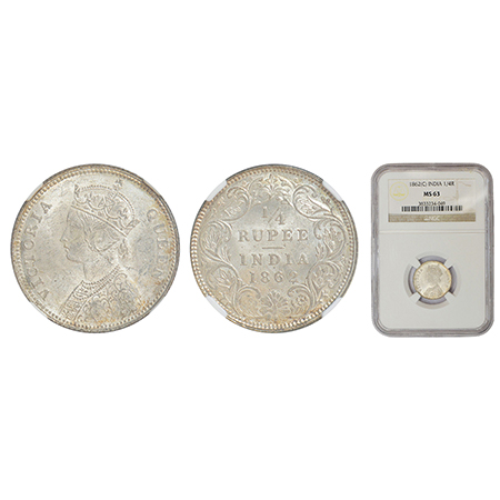 Victoria Queen, silver ¼ rupee, 1862, Calcutta mint, A/I, PR 376; GK 375. NGC MS63, Rare.