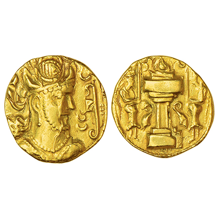 Sasanian Empire, Shahpur II (309-379 AD), gold dinar, struck at Sindh mint, 7.16g. Obv: Cr