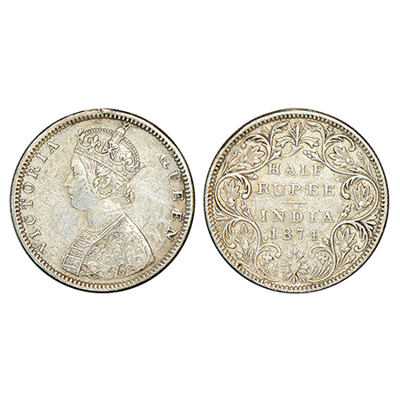 Victoria Queen, silver ½ rupee, 1874, Bombay mint, B2/II/dot, PR 285; GK 600, 5.68g. Mount