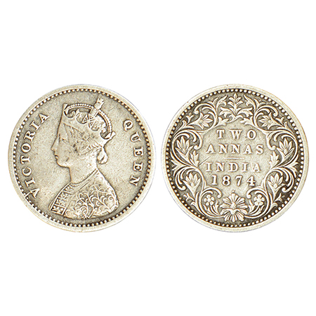 Victoria Queen, silver 2 annas, 1874, Bombay mint, A/I/dot, unlisted in PR; GK 739, 1.41g.