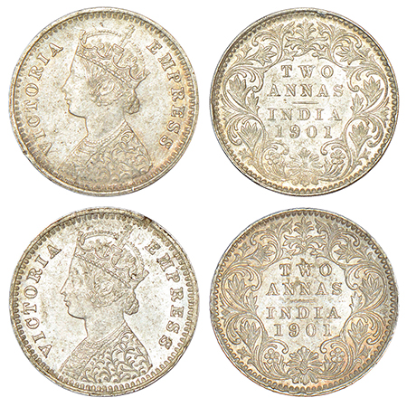 Victoria Empress, silver 2 annas (2), 1901, Bombay mint, B/I/'B' incused, PR 555; GK 816. 