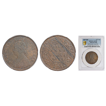 Victoria Empress, copper ½ anna, 1877, Bombay mint, bust 'B', PR 586; GK 820. PCGS AU55, V