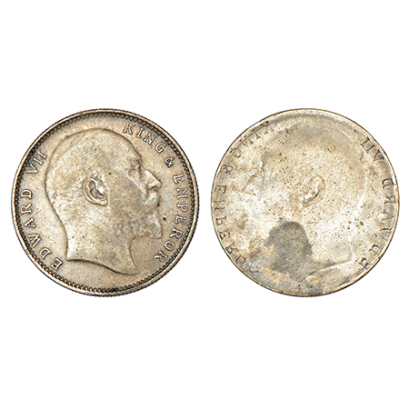 Edward VII, silver rupee, ND (1903-1910 AD), obverse part full brockage (Lakhi) with die i