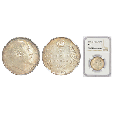 Edward VII, silver rupee, 1904, Calcutta mint, no mint mark, PR 190; GK 930. NGC MS62, Rar