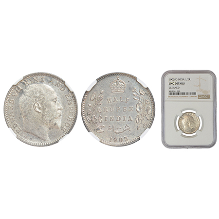 Edward VII, silver ½ rupee, 1905, Calcutta mint, no mint mark, PR 309; GK 960. NGC UNC Det