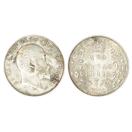 Edward VII, silver 2 annas, 1909, Calcutta mint, no mint mark, PR 562; GK 986, 1.44g. Good