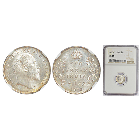 Edward VII, silver 2 annas, 1910, Calcutta mint, no mint mark, PR 563; GK 987. NGC MS65, R