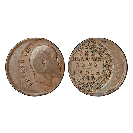 Edward VII, error copper ¼ anna, 1905, Calcutta mint, no mint mark, PR 649; GK 996. 40% di