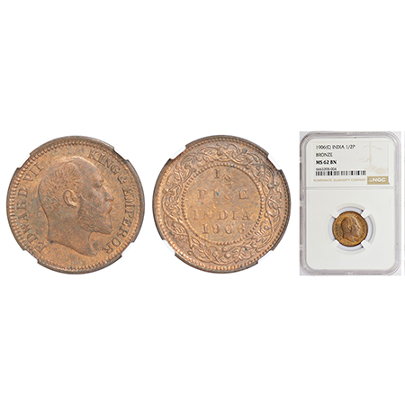 Edward VII, bronze ½ pice, 1906, Calcutta mint, no mint mark, PR 740; GK 1007. NGC MS62BN,
