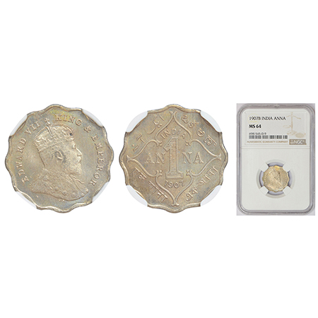 Edward VII, cupro-nickel 1 anna, 1907, Bombay mint, 'B' incused, PR 926; GK 990. NGC MS64,