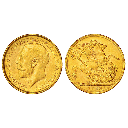 George V, gold sovereign, 1918, Bombay mint, 'I' mintmark, S&W 8.5; PR 27, 7.98g. Obv: Bar