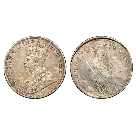 George V, silver rupee, ND (1911-1922 AD), obverse part full brockage (Lakhi) with die imp