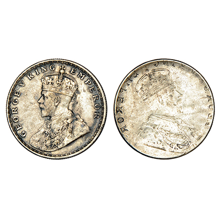 George V, silver rupee, ND (1911-1922 AD), obverse part full brockage (Lakhi) with die imp