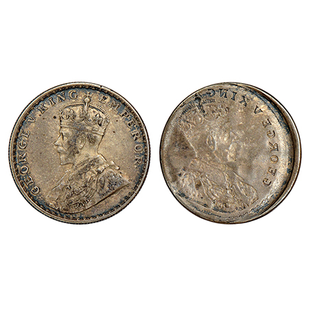 George V, silver rupee, ND (1911-1922 AD), obverse part brockage (Lakhi) with die impressi