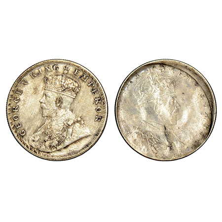 George V, silver rupee, ND (1911-1922 AD), obverse part brockage (Lakhi) with die impressi