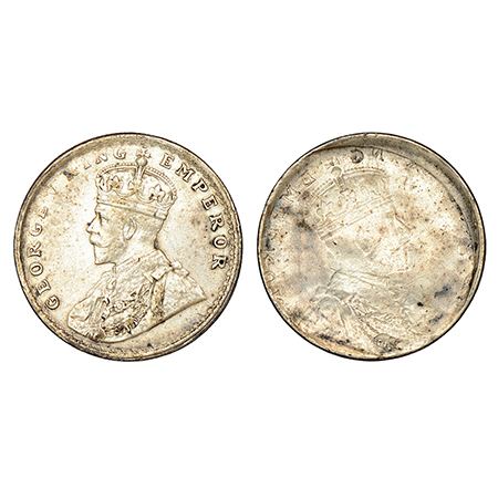George V, silver rupee, ND (1911-1922 AD), obverse part full brockage (Lakhi) with die imp