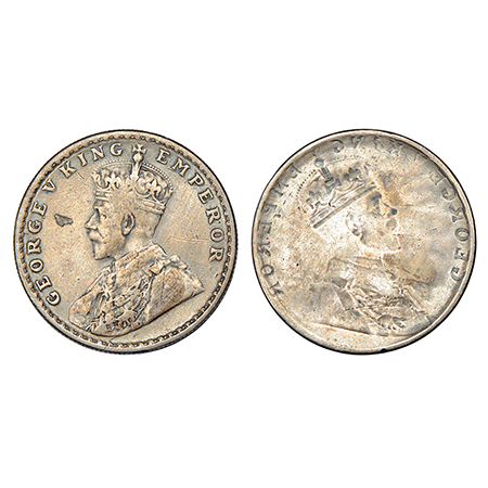 George V, silver rupee, ND (1911-1922 AD), obverse part full brockage (Lakhi) with die imp