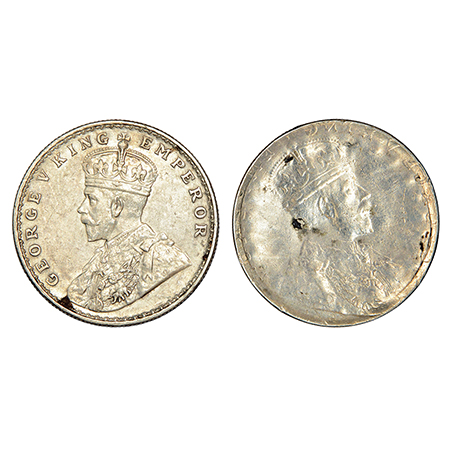 George V, silver rupee, ND (1911-1922 AD), obverse part full brockage (Lakhi) with die imp