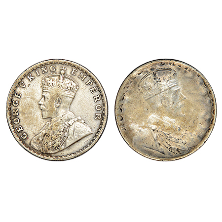 George V, silver rupee, ND (1911-1922 AD), obverse part full brockage (Lakhi) with die imp